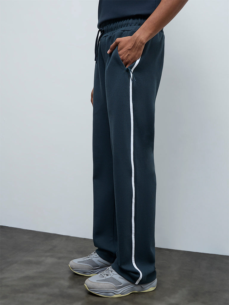 Nuoflexx Dark Teal Striped Relaxed-Fit Mid-Rise Track Pants
