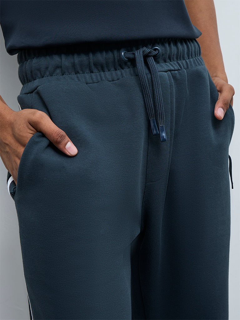 Nuoflexx Dark Teal Striped Relaxed-Fit Mid-Rise Track Pants