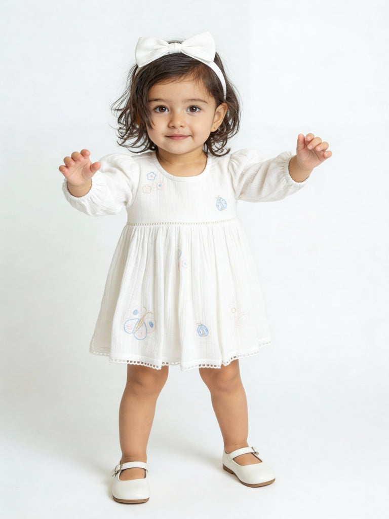 HOP Baby Girls White Embroidered A-Line Cotton Dress