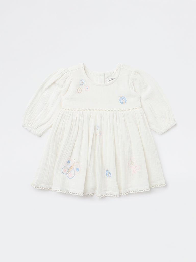 HOP Baby Girls White Embroidered A-Line Cotton Dress