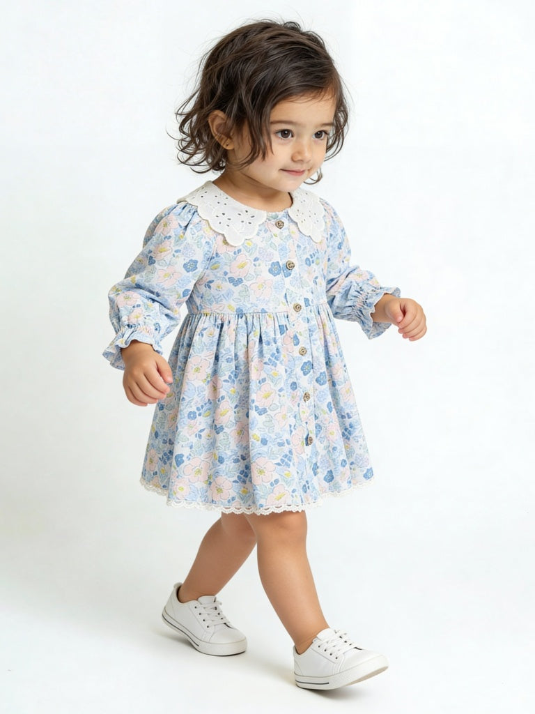 HOP Baby Girls Blue Floral Design Fit-and-Flare Cotton Dress