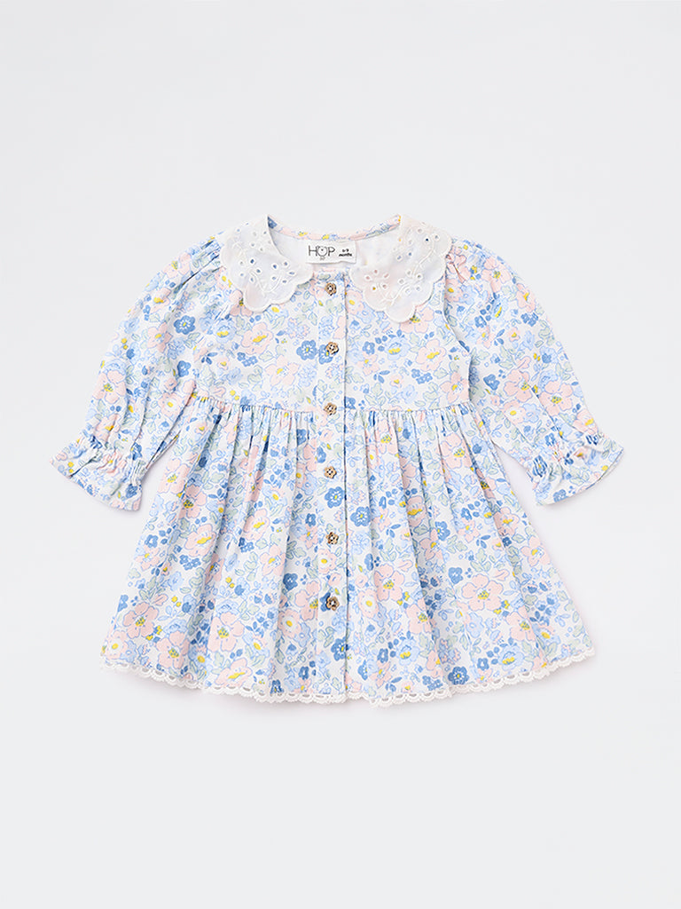 HOP Baby Girls Blue Floral Design Fit-and-Flare Cotton Dress