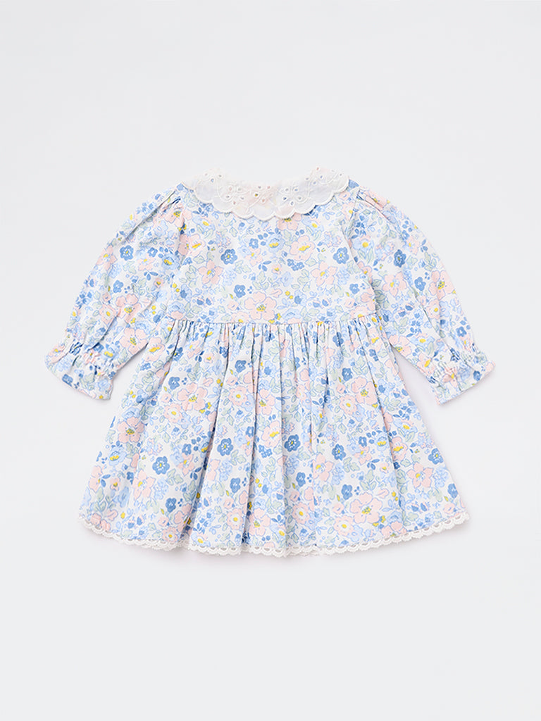 HOP Baby Girls Blue Floral Design Fit-and-Flare Cotton Dress