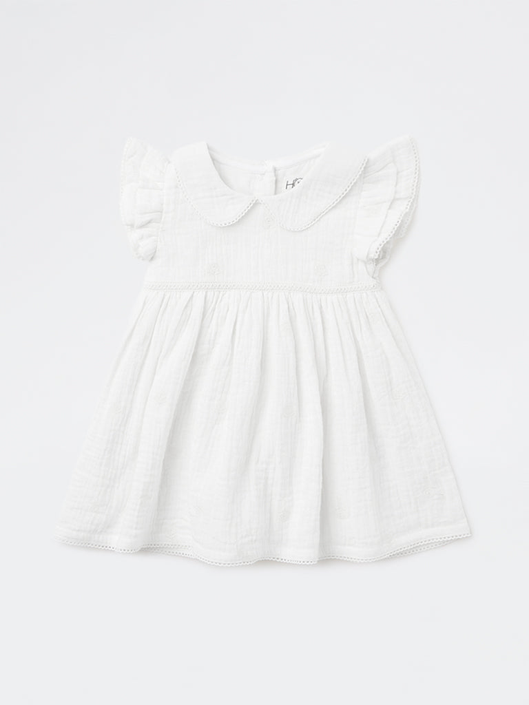 HOP Baby Girls White Crinkle-Textured A-Line Cotton Dress