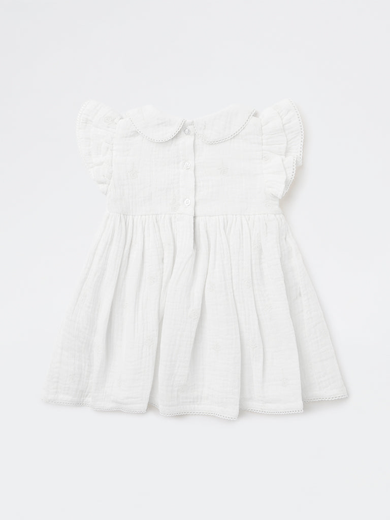 HOP Baby Girls White Crinkle-Textured A-Line Cotton Dress