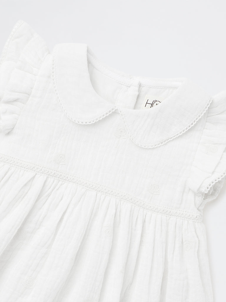 HOP Baby Girls White Crinkle-Textured A-Line Cotton Dress