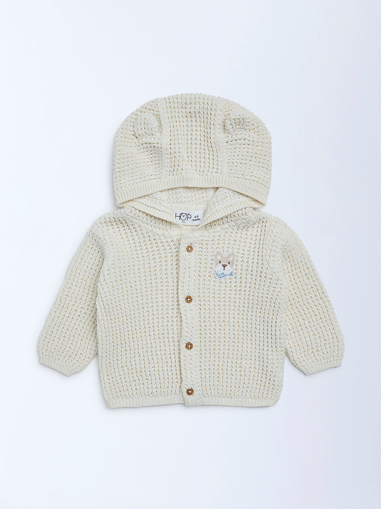 HOP Baby Girls Cream Knit-Textured Hooded Cotton Sweater