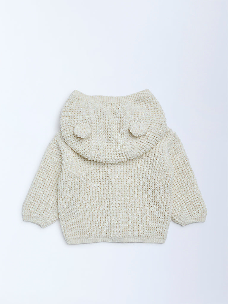 HOP Baby Girls Cream Knit-Textured Hooded Cotton Sweater