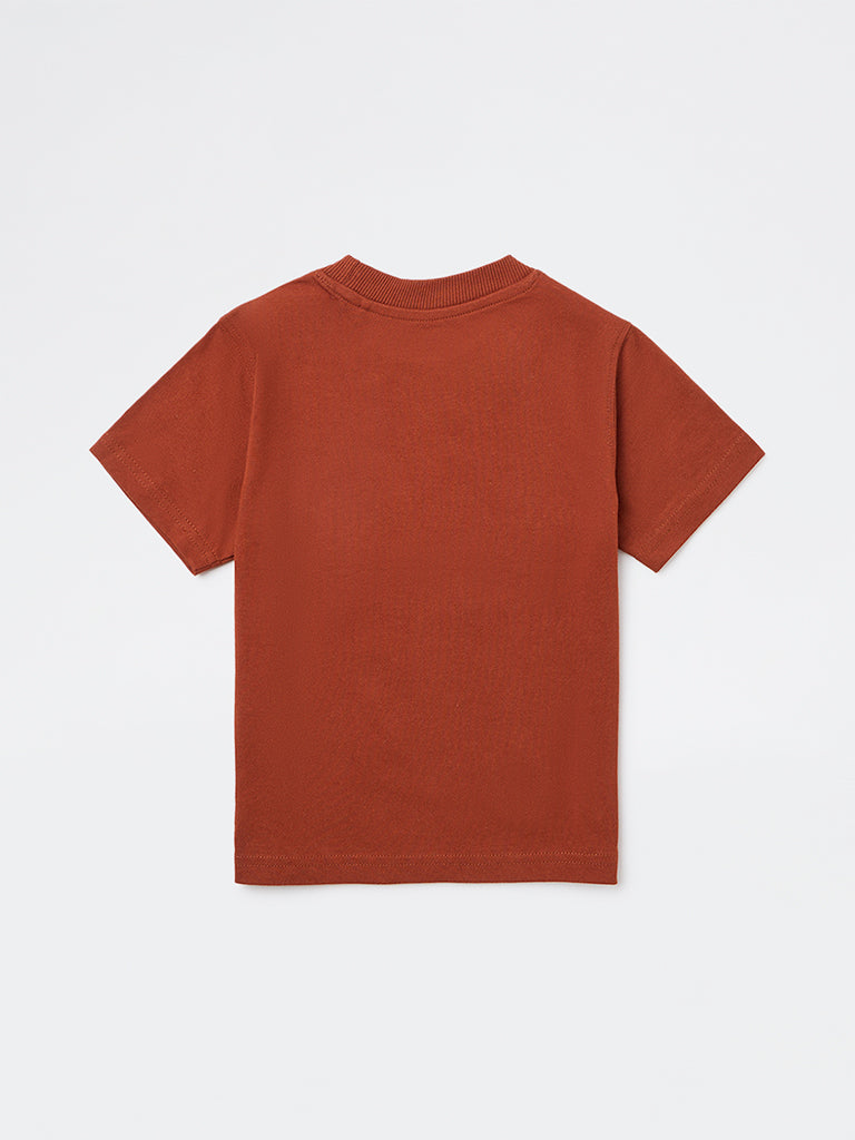 HOP Kids Boys Rust Text Pattern Cotton T-Shirt