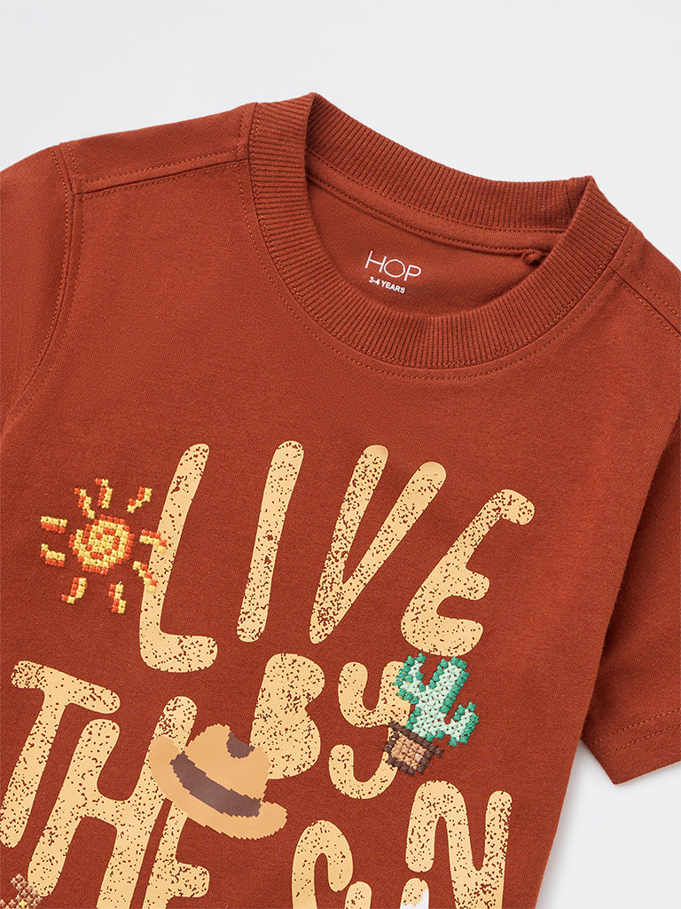 HOP Kids Boys Rust Text Pattern Cotton T-Shirt