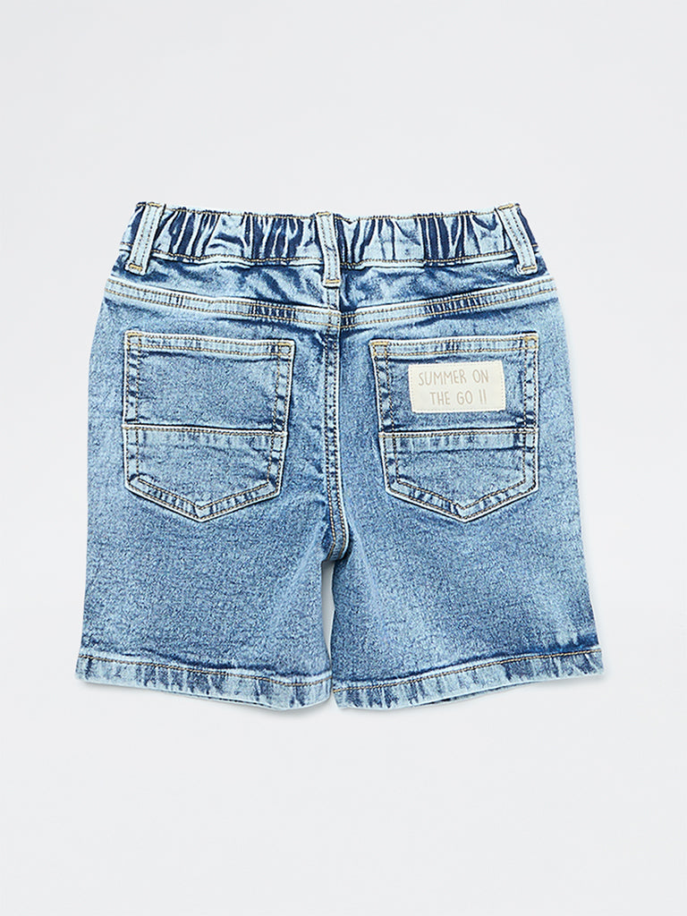 HOP Kids Boys Blue Faded Mid-Rise Denim Shorts