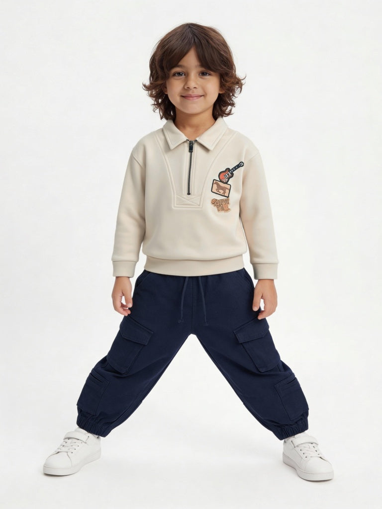 HOP Kids Boys Beige Quarter-Zip Sweatshirt