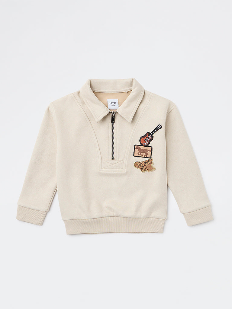 HOP Kids Boys Beige Quarter-Zip Sweatshirt