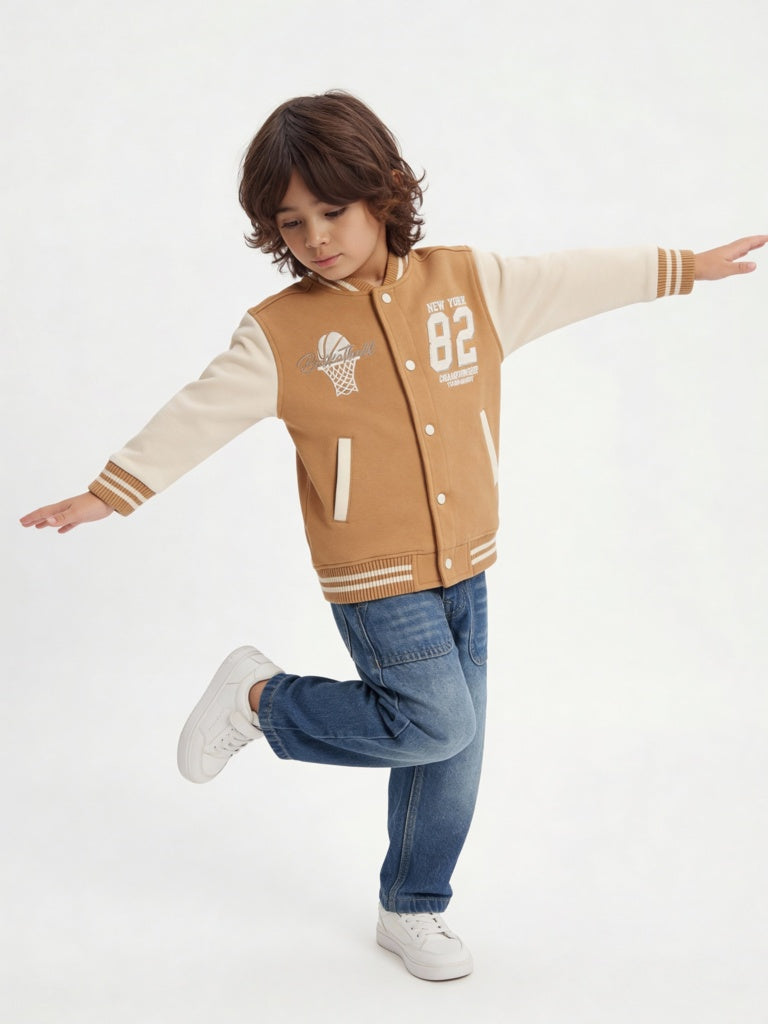 HOP Kids Boys Light Brown Embroidered Cotton-Blend Bomber Jacket