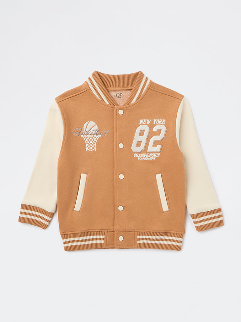 HOP Kids Boys Light Brown Embroidered Cotton-Blend Bomber Jacket