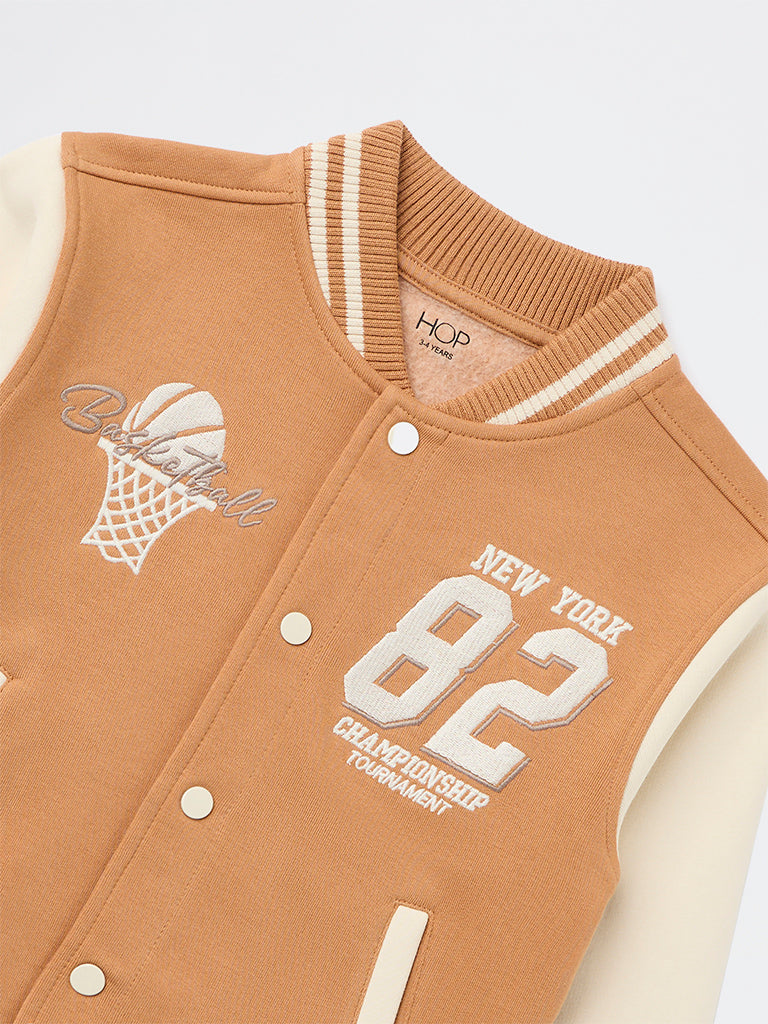 HOP Kids Boys Light Brown Embroidered Cotton-Blend Bomber Jacket