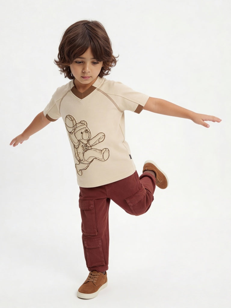 HOP Kids Boys Beige Printed Cotton T-Shirt