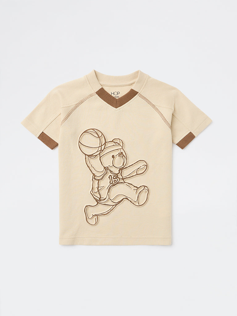 HOP Kids Boys Beige Printed Cotton T-Shirt