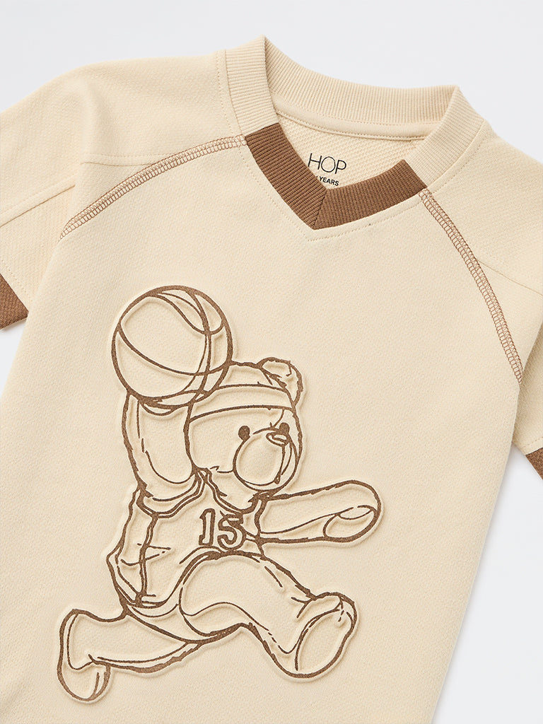 HOP Kids Boys Beige Printed Cotton T-Shirt