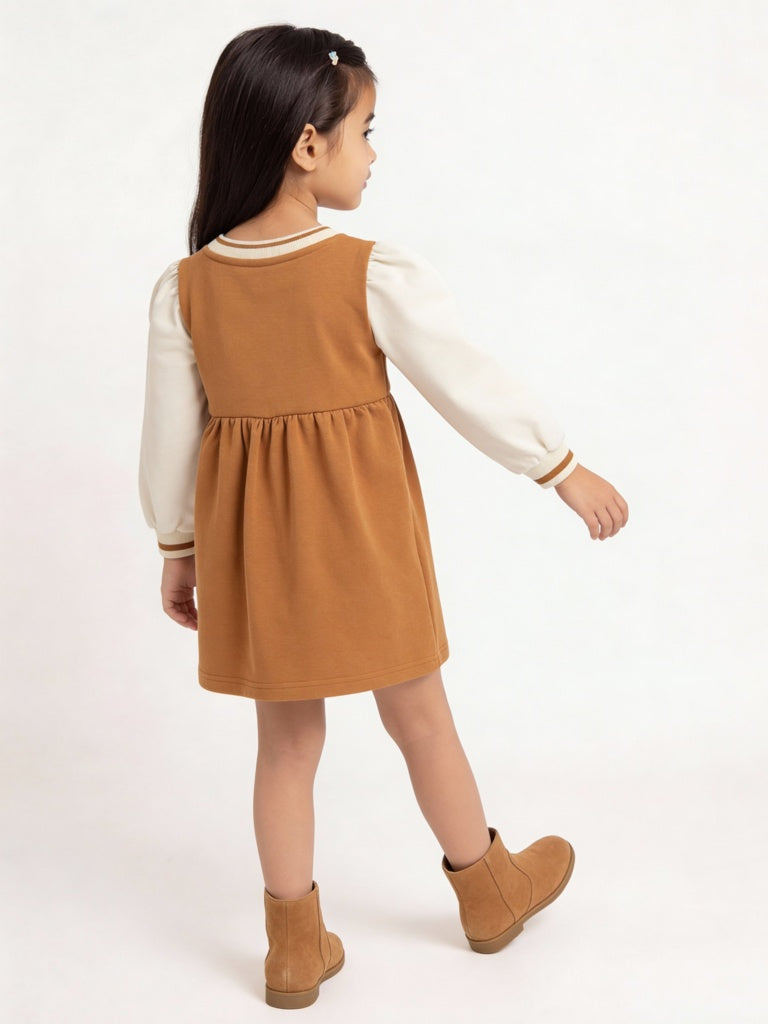 HOP Kids Girls Tan Text Design A-Line Cotton Dress