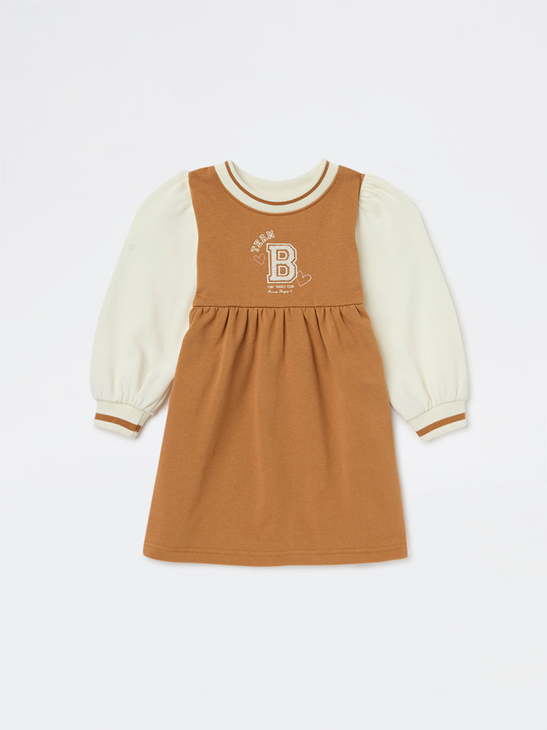 HOP Kids Girls Tan Text Design A-Line Cotton Dress