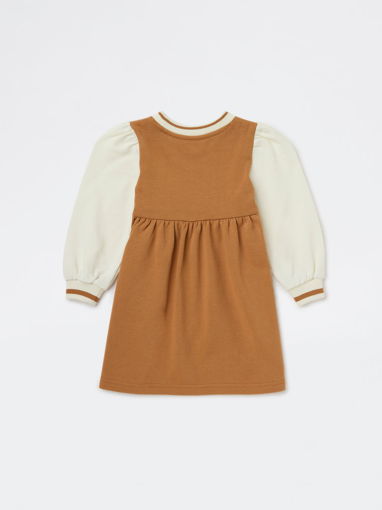 HOP Kids Girls Tan Text Design A-Line Cotton Dress