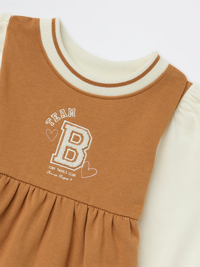 HOP Kids Girls Tan Text Design A-Line Cotton Dress
