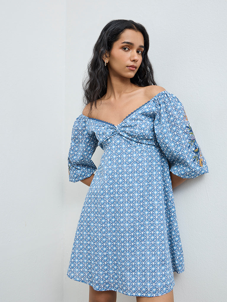 Bombay Paisley Blue Printed Cotton A-Line Dress