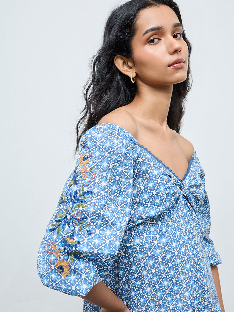 Bombay Paisley Blue Printed Cotton A-Line Dress