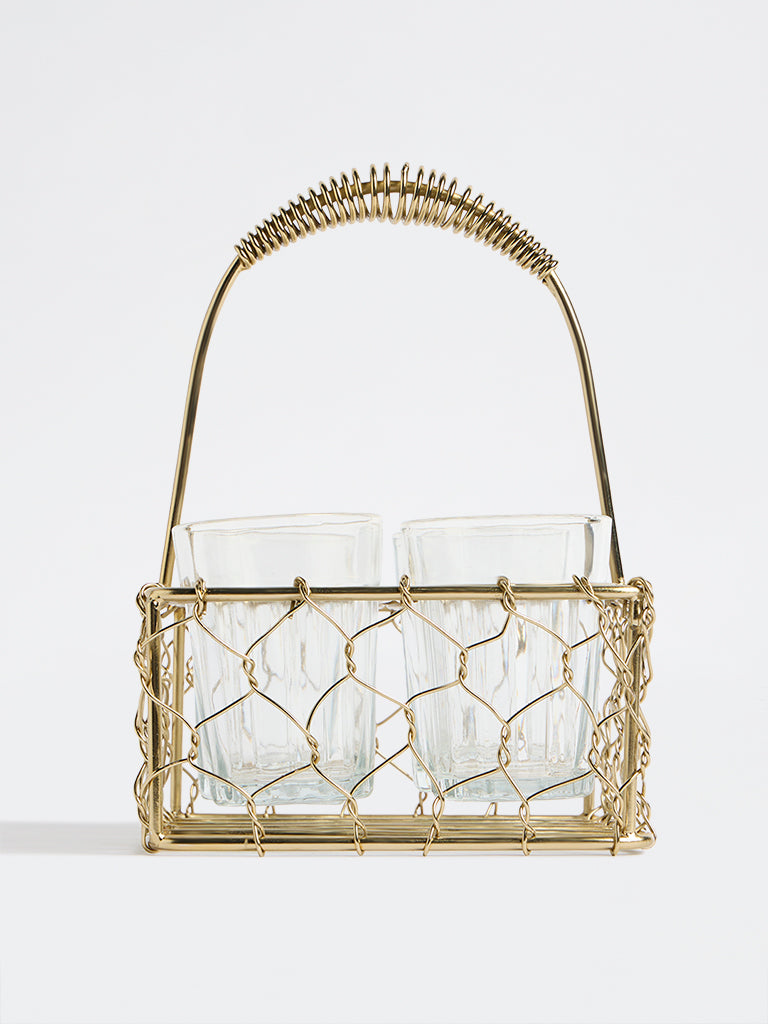 Westside Home Gold Wired Chai Caddy with Glasses - (Set of 4)