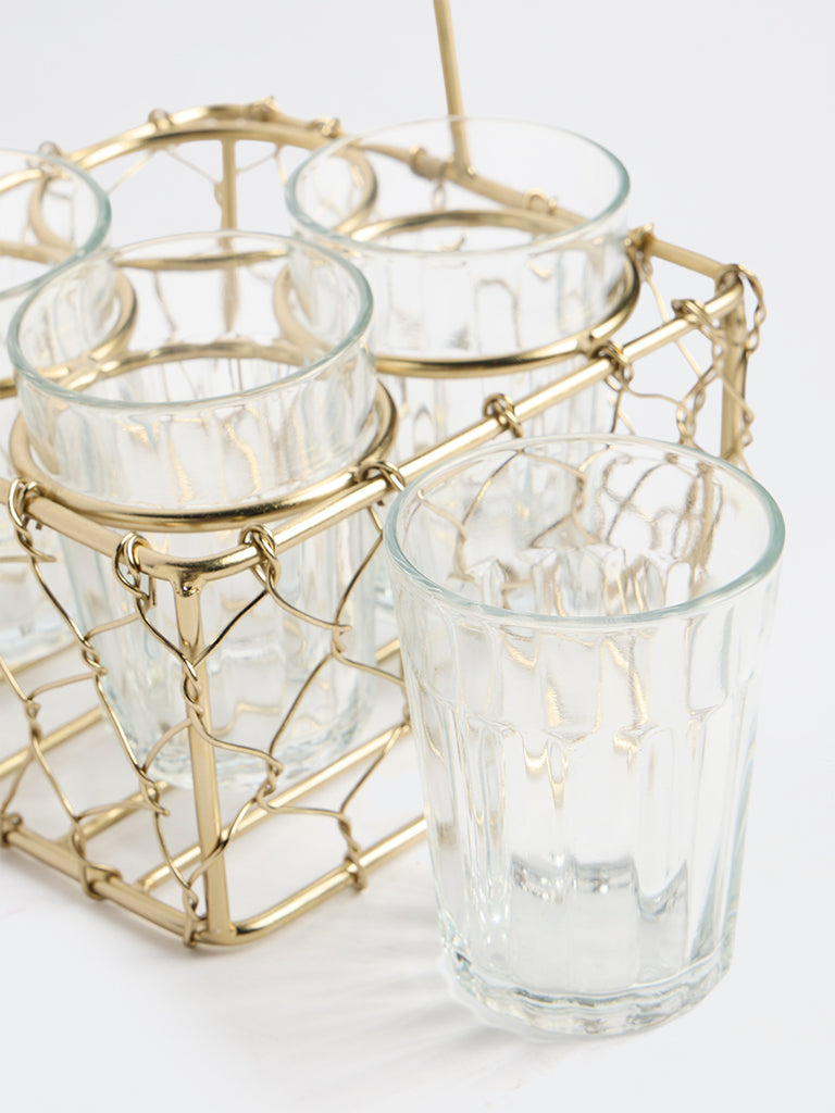 Westside Home Gold Wired Chai Caddy with Glasses - (Set of 4)