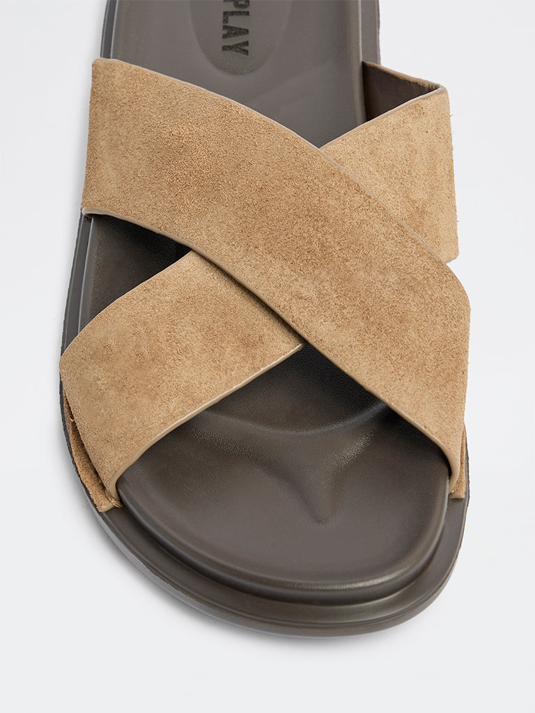 SOLEPLAY Taupe Criss-Cross Strap Suede Sandals