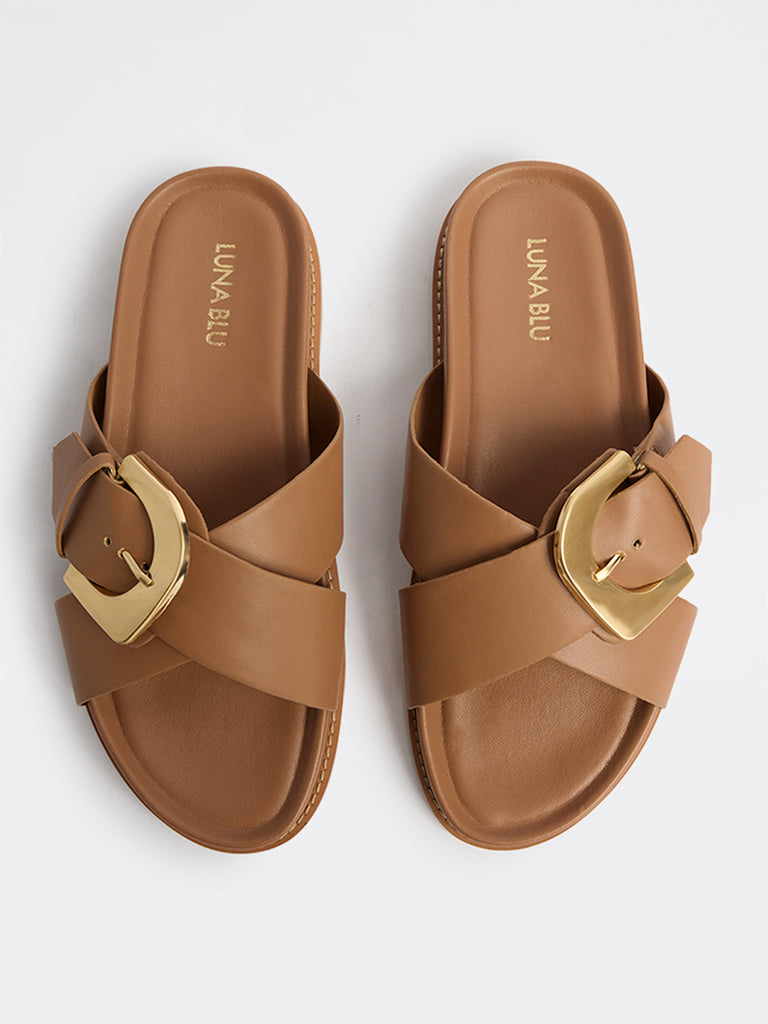 LUNA BLU Brown Buckle-Detailed Comfort Sandals