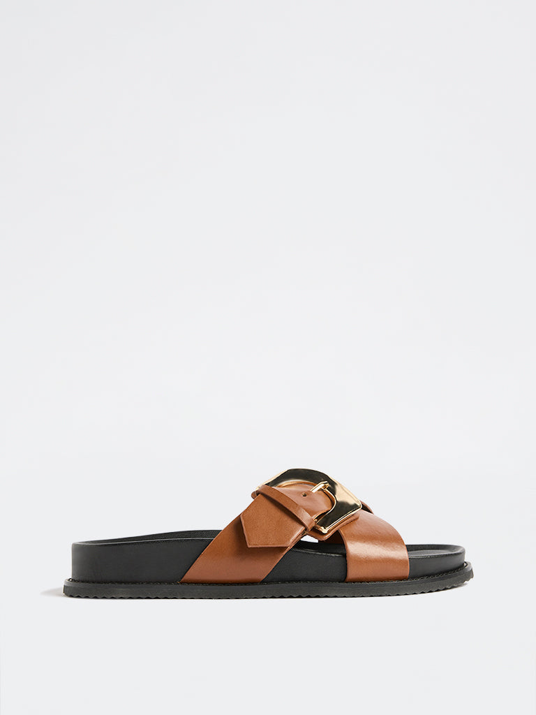 LUNA BLU Tan Buckle-Detailed Comfort Sandals