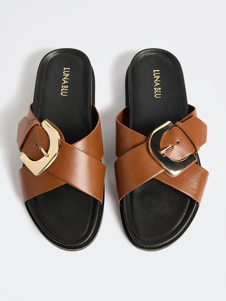 LUNA BLU Tan Buckle-Detailed Comfort Sandals