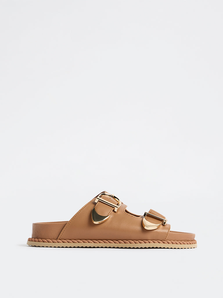 LUNA BLU Tan Buckle Detailed Slip-On Comfort Sandals