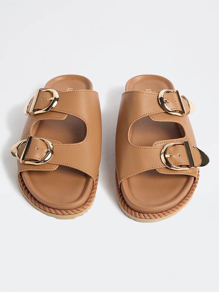LUNA BLU Tan Buckle Detailed Slip-On Comfort Sandals