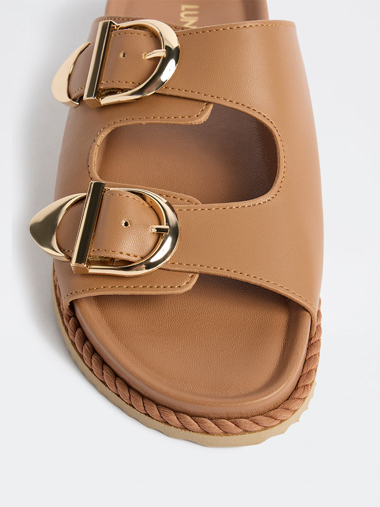 LUNA BLU Tan Buckle Detailed Slip-On Comfort Sandals