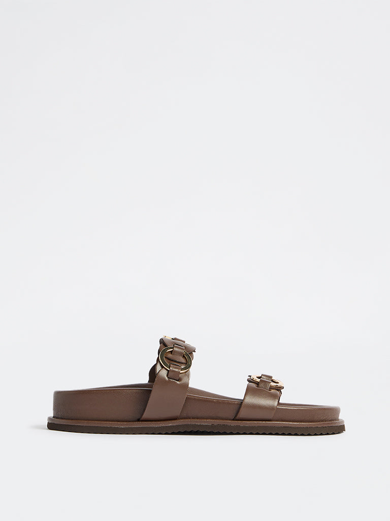 LUNA BLU Dark Brown Buckle-Detailed Slip-On Sandals