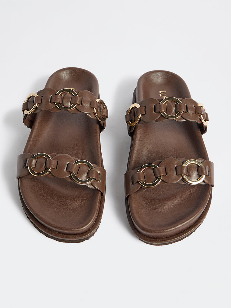LUNA BLU Dark Brown Buckle-Detailed Slip-On Sandals
