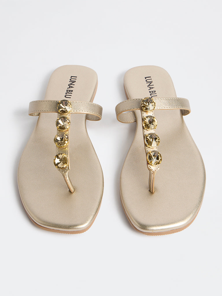 LUNA BLU Gold Embellished Thong-Strap Sandals