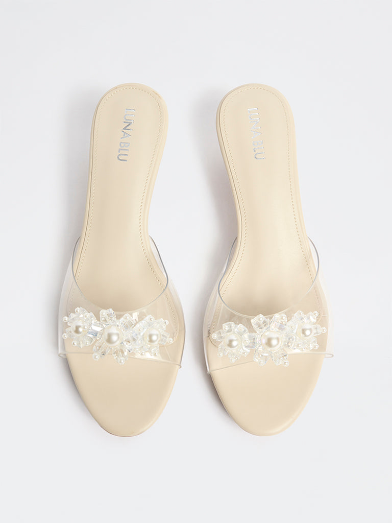 LUNA BLU Ivory Pearl Embellished Vinyl Strap Sandals