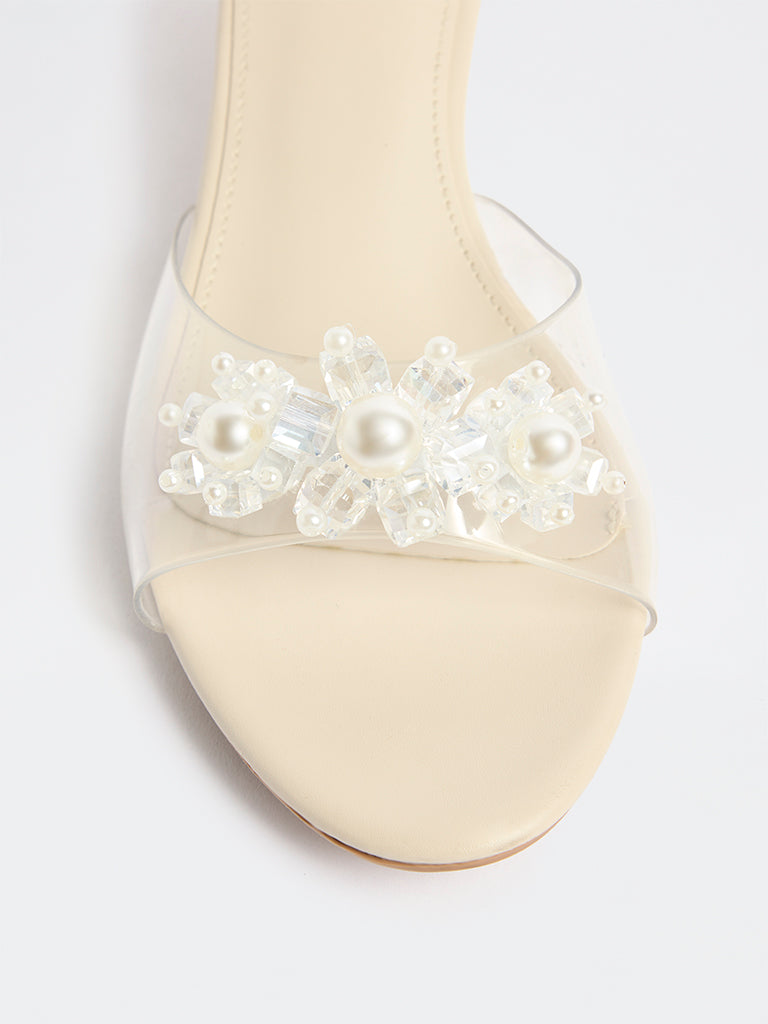 LUNA BLU Ivory Pearl Embellished Vinyl Strap Sandals