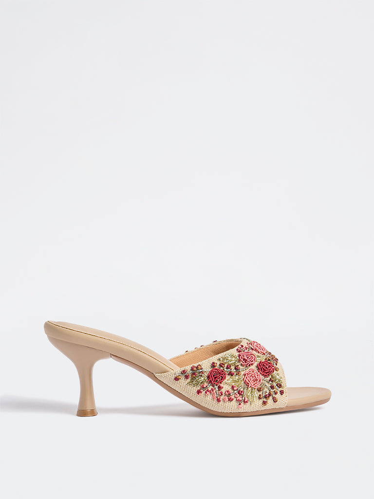 LUNA BLU Red Floral Embellished Kitten Heel Sandals