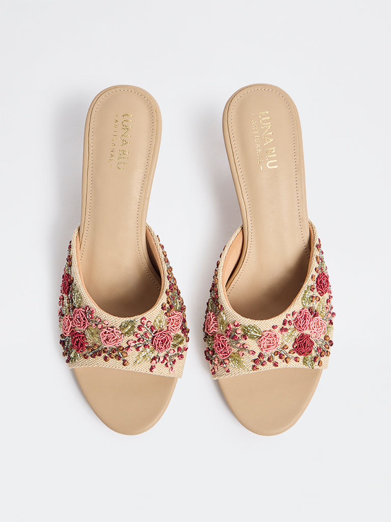 LUNA BLU Red Floral Embellished Kitten Heel Sandals