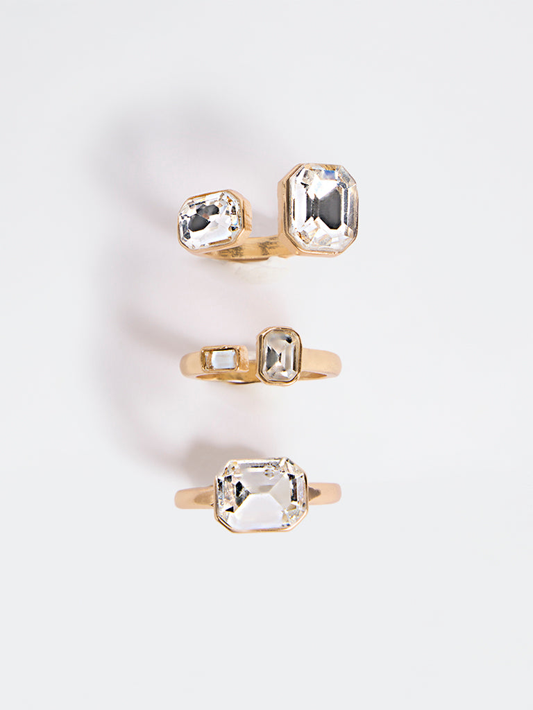 Westside Accessories Gold Crystal Statement Rings - Pack of 3