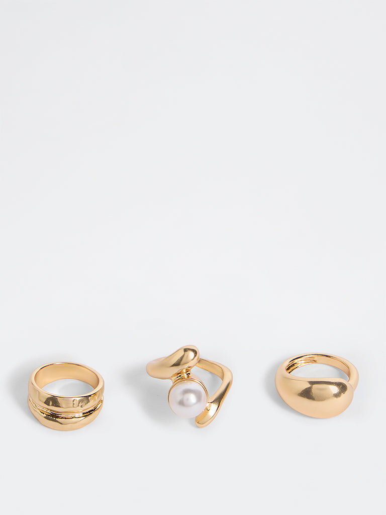 Westside Accessories Gold Statement Ring Set with Pearl Detail - Pack of 3