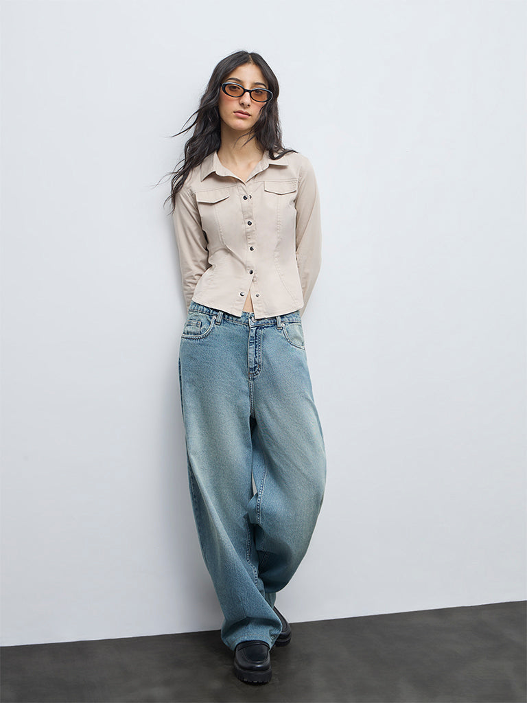 Nuon Light Beige Solid Cotton-Blend Shirt