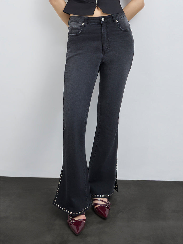 Nuon Black Stud-Detailed High-Rise Bootcut Jeans