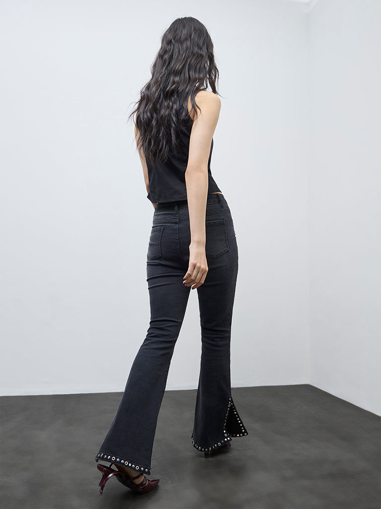 Nuon Black Stud-Detailed High-Rise Bootcut Jeans